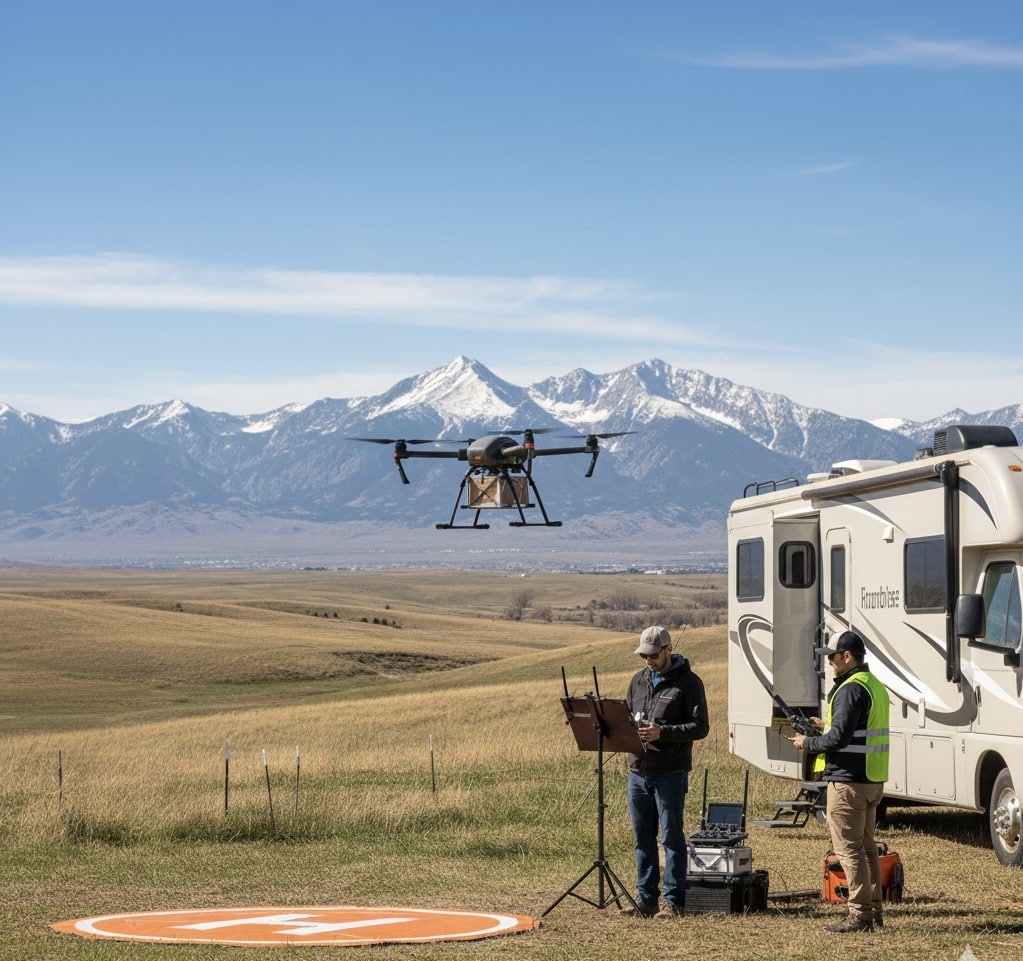 Two field test experts operating a drone test with payload attached.