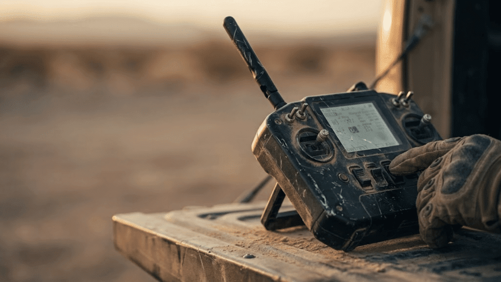 Weathered tactical drone controller with dust-covered casing and a scuffed screen, resting on a wooden surface at dusk with a gloved operator's hand on the controls.