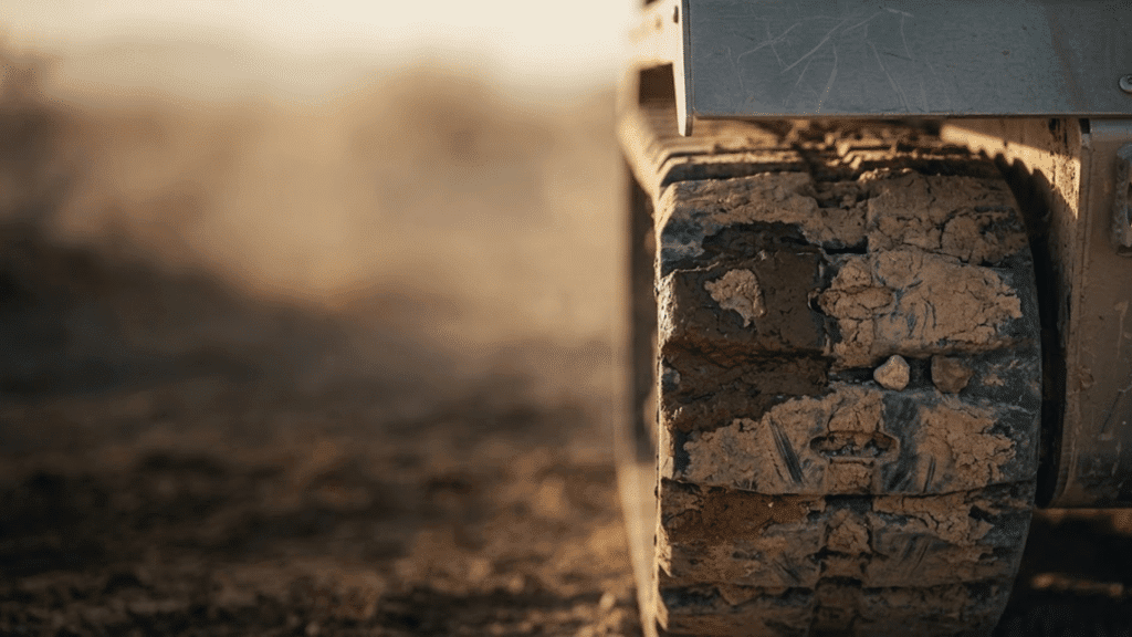 Close-up of a muddy, dirt-caked tracked wheel on an autonomous ground vehicle in field conditions at dusk. Technical Due Diligence.